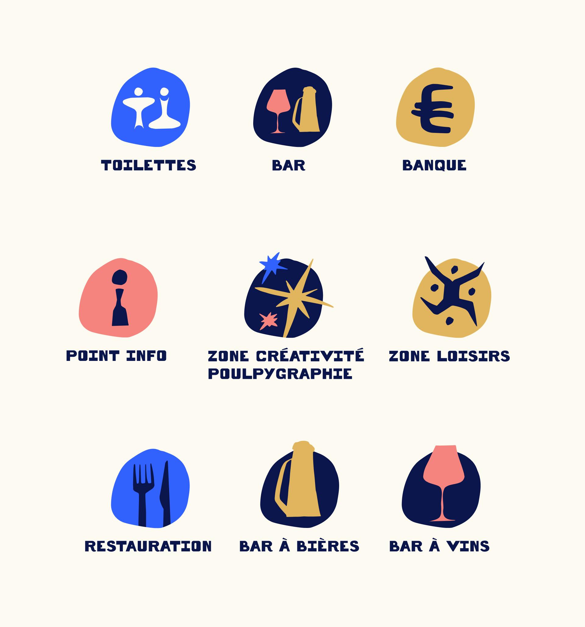 Une collection de pictogrammes issue de la nouvelle identité graphique du V and B Fest, représentant les différents points d'intérêt du festival.