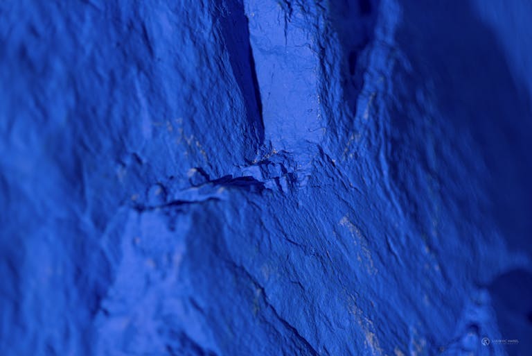 Plan macro d'un rocher peint en bleu au sein de la zone libre d'art de Transfert.