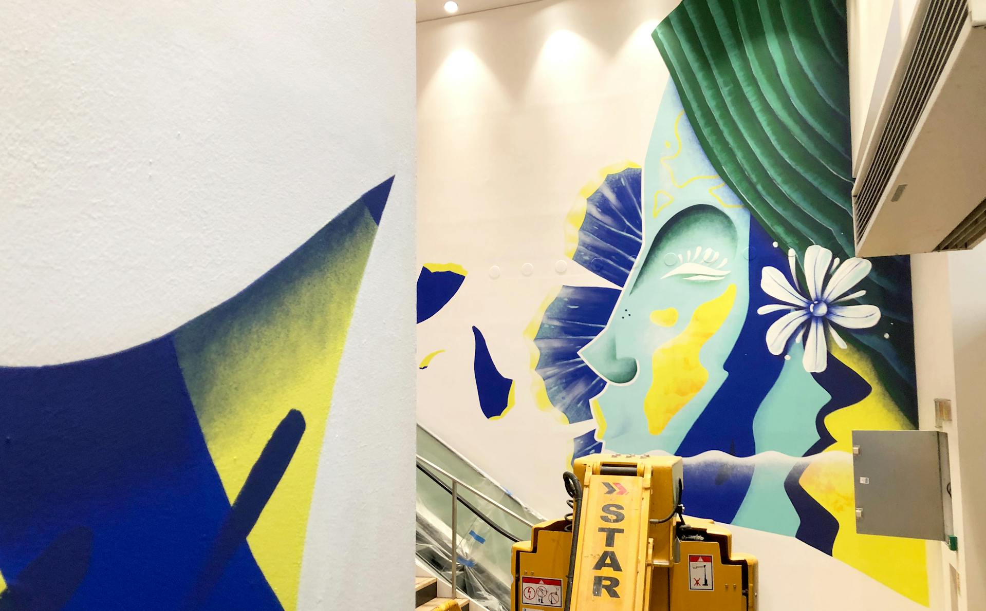 Fresque murale intérieure "Fleur d'eau" réalisée au sein de la Biocoop "La CABA" par l'agence de design graphique Studio Katra.