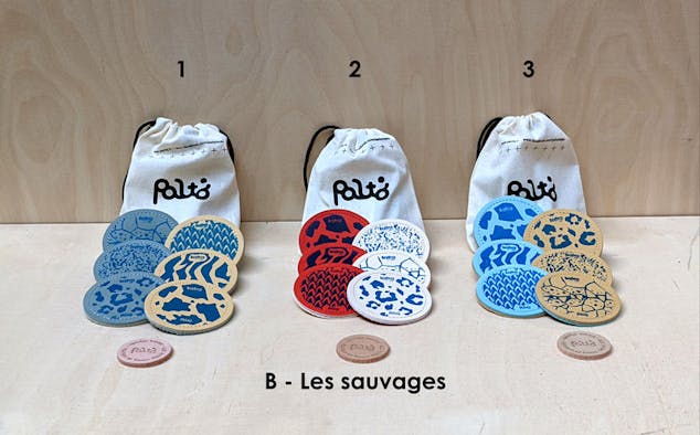 Exposition du contenu d'un sac de jeu de palets breton d'intérieur, disposant de trois variantes de couleurs basées sur la thématique des robes de pelages animaliers.