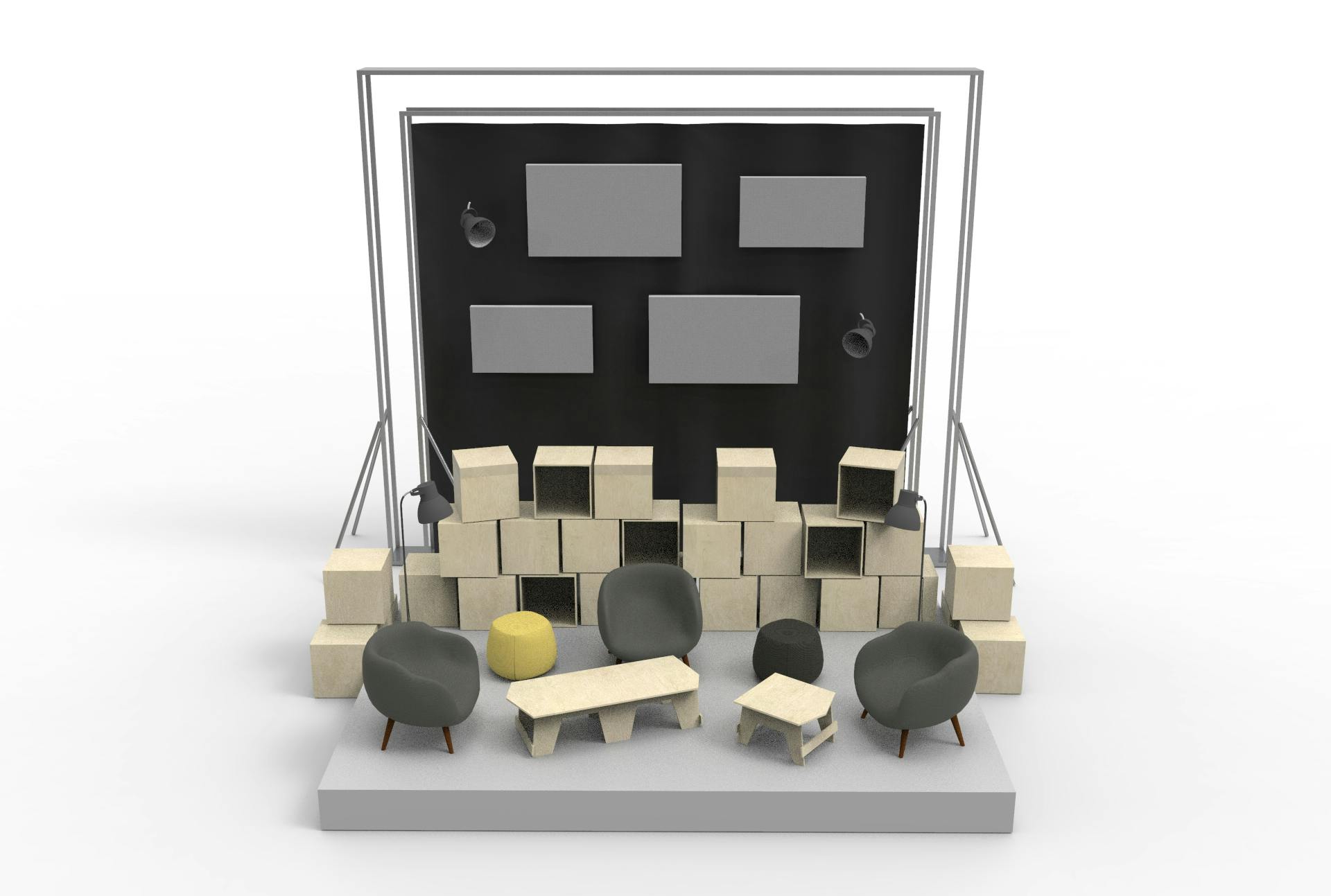 Modélisation 3D de l'aménagement d'espace intérieur pour l'événement de la Nantes Digital Week 2020, vue de face.
