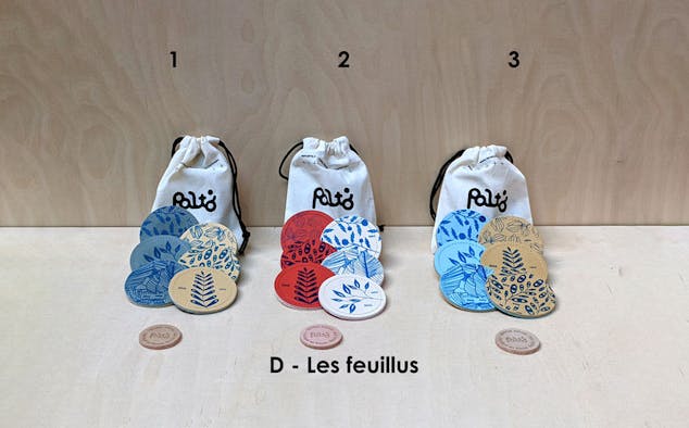 Exposition du contenu d'un sac de jeu de palets breton d'intérieur, disposant de trois variantes de couleurs basées sur la thématique des végétaux.