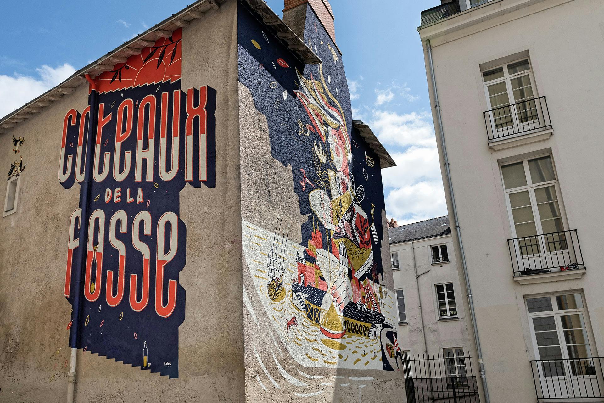 Aperçu de la fresque murale "Kairos, le moment opportun" par Studio Katra, rue Montaudouine, quais de la fosse à Nantes.