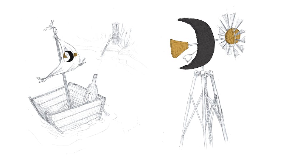 Illustrations d'un bateau et d'une girouette à l'effigie de la maison Sagesse des Sols.