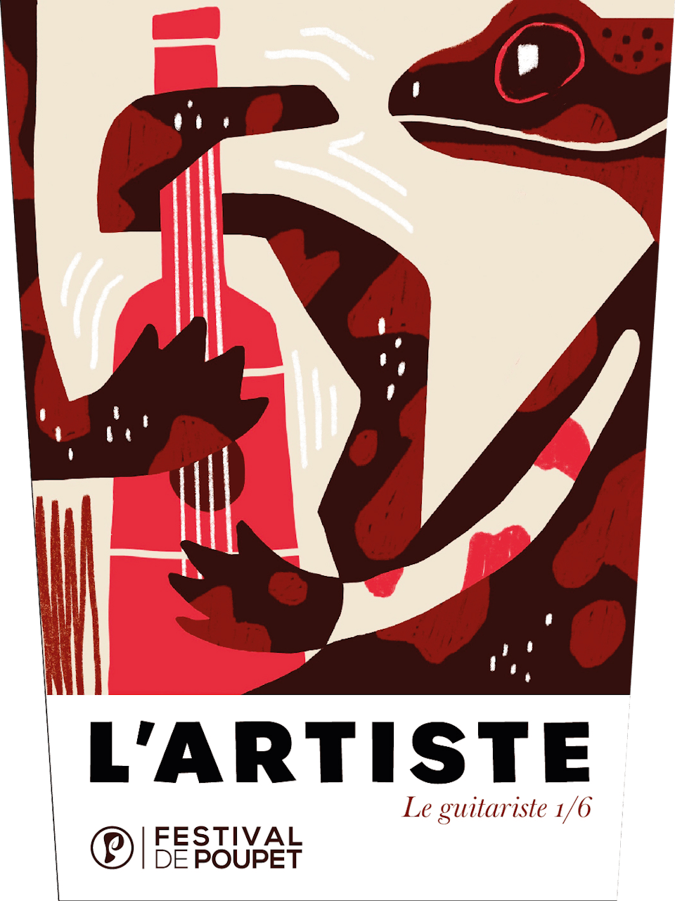 Illustration d'une salamandre guitariste, réalisée pour la nouvelle cuvée du Festival de Poupet par l'agence de design graphique Studio Katra.