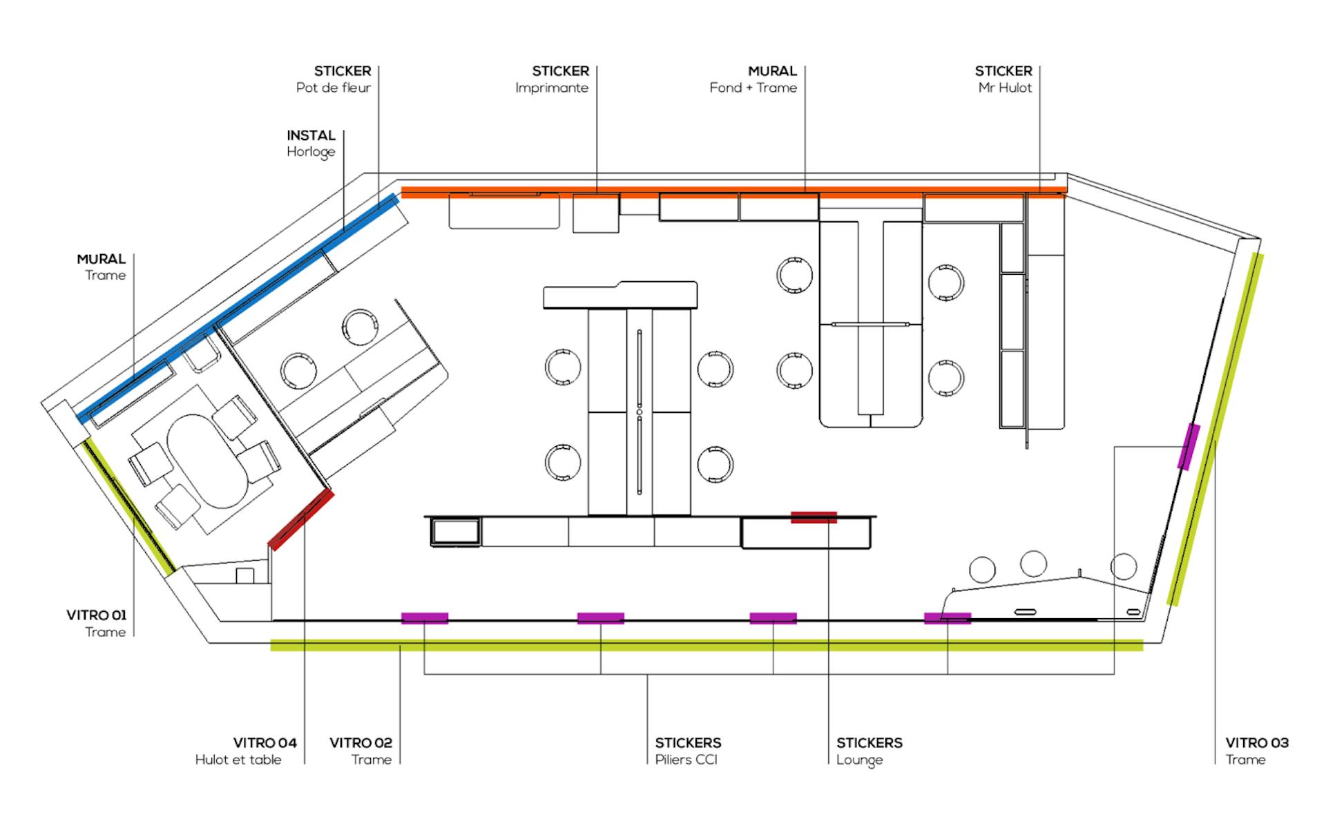 Plan vu du dessus, montrant l'agencement des nouveaux locaux de la CCI, aménagés par l'agence de design Studio Katra.