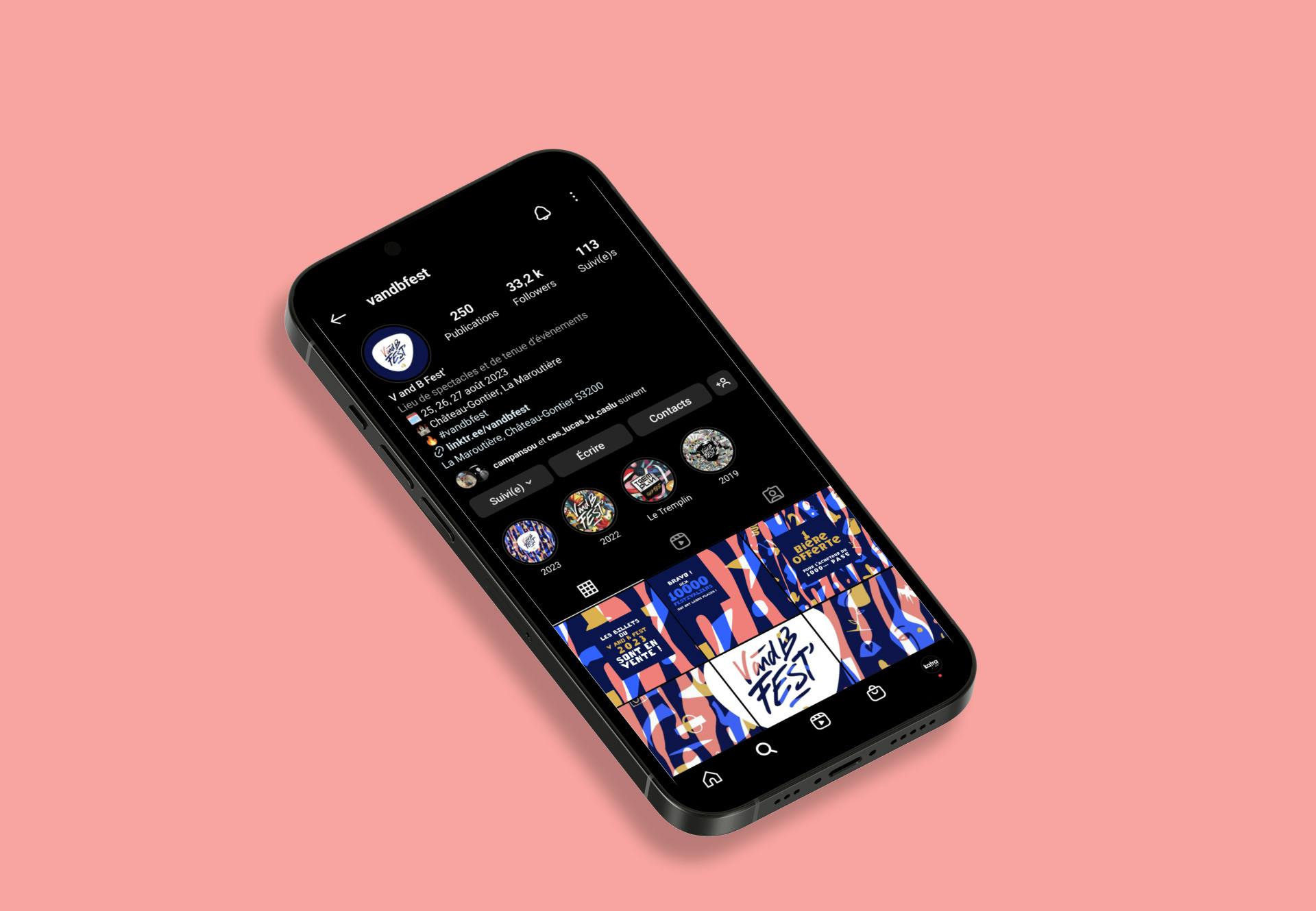Mockup d'un iPhone montrant la nouvelle identité graphique du V and B Fest sur leur page Instagram.