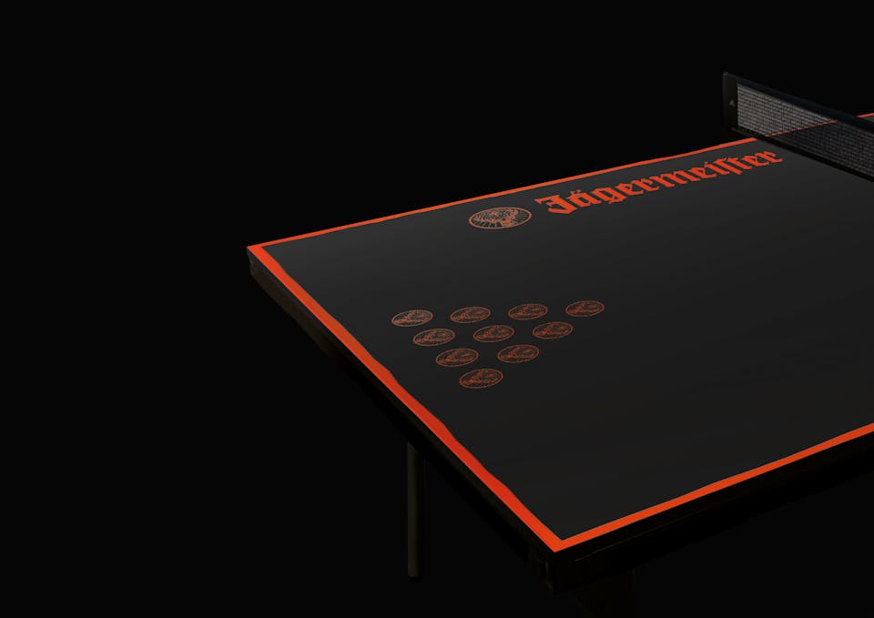 Modélisation 3D d'une table de bière-pong selon l'identité visuelle de Jägermeister et de l'Hellfest.