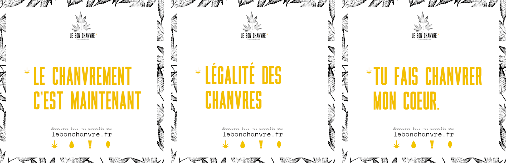 Visuels dédiés à la communication digitale de la boutique de CBD "Le Bon Chanvre", inspirés du design de marque de l'entreprise.