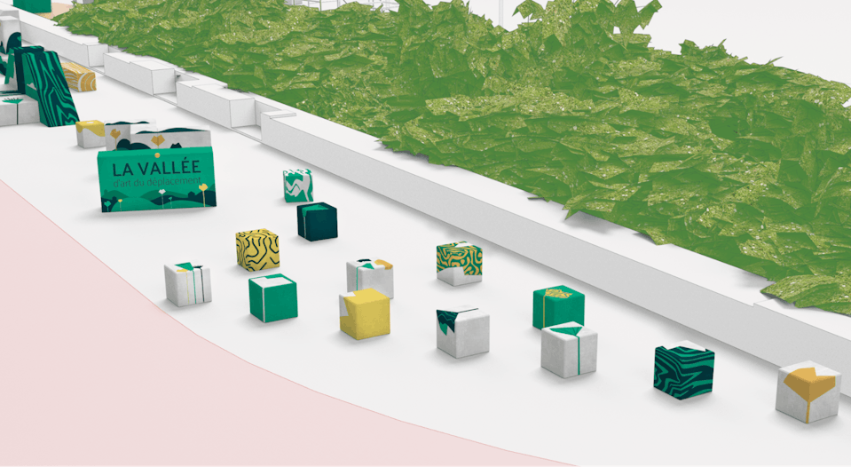 Modélisation 3D d'un enchaînement de petits blocs de béton aux couleurs de la Vallée de l'Art du Déplacement.
