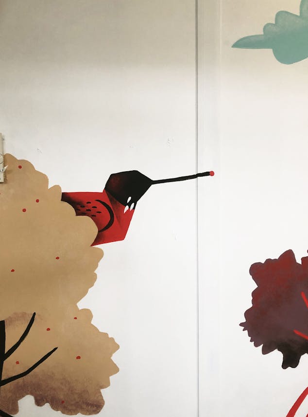 Identité visuelle fresque murale d'intérieur oiseau coworking Open Lande.