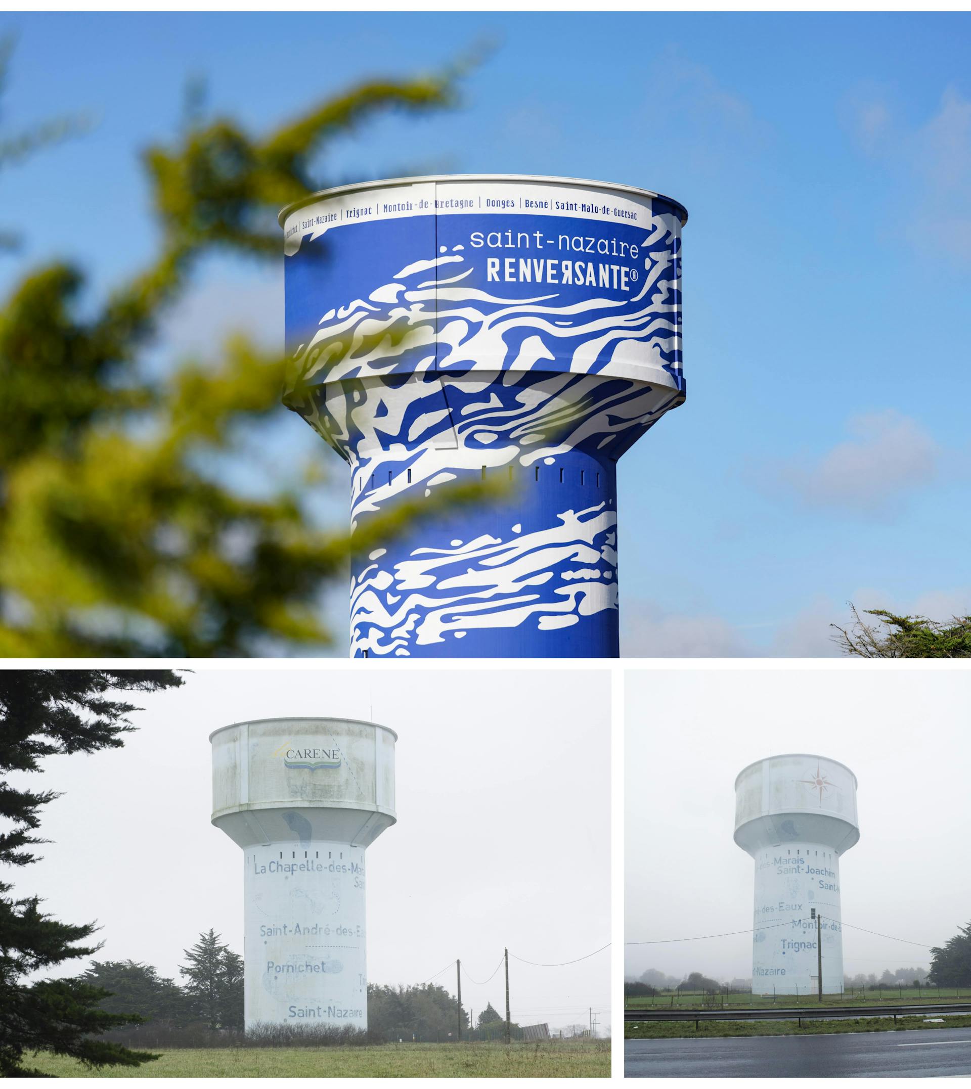 Photos illustrant la rénovation du château d'eau de la Cordionnais, à Montoir de Bretagne. Une fresque murale XXL pensée par l'agence de design Studio Katra y fut peinte.