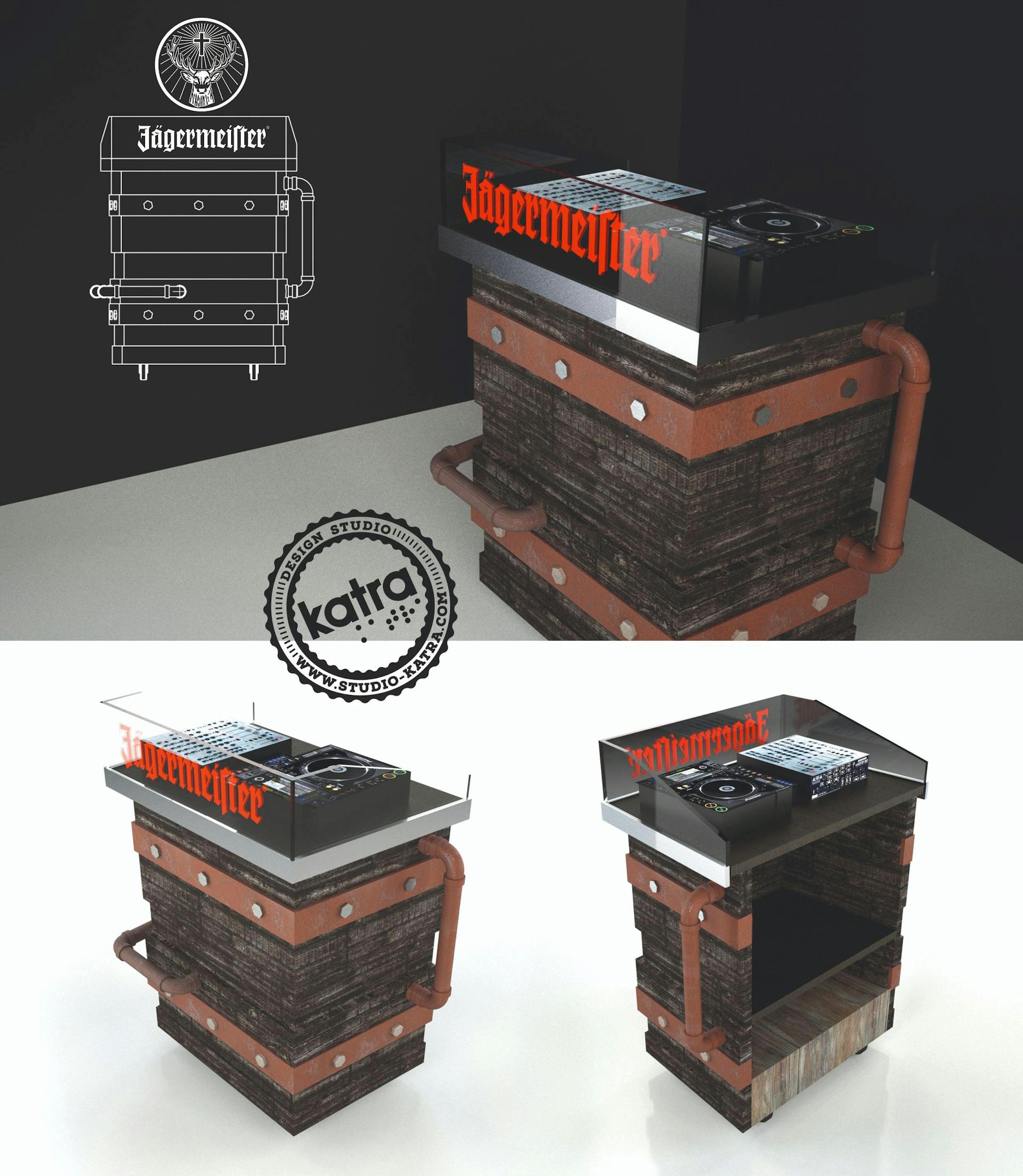Modélisation 3D du design produit d'une cabine de DJ Jägermeister, réalisée par l'agence de design Studio Katra.