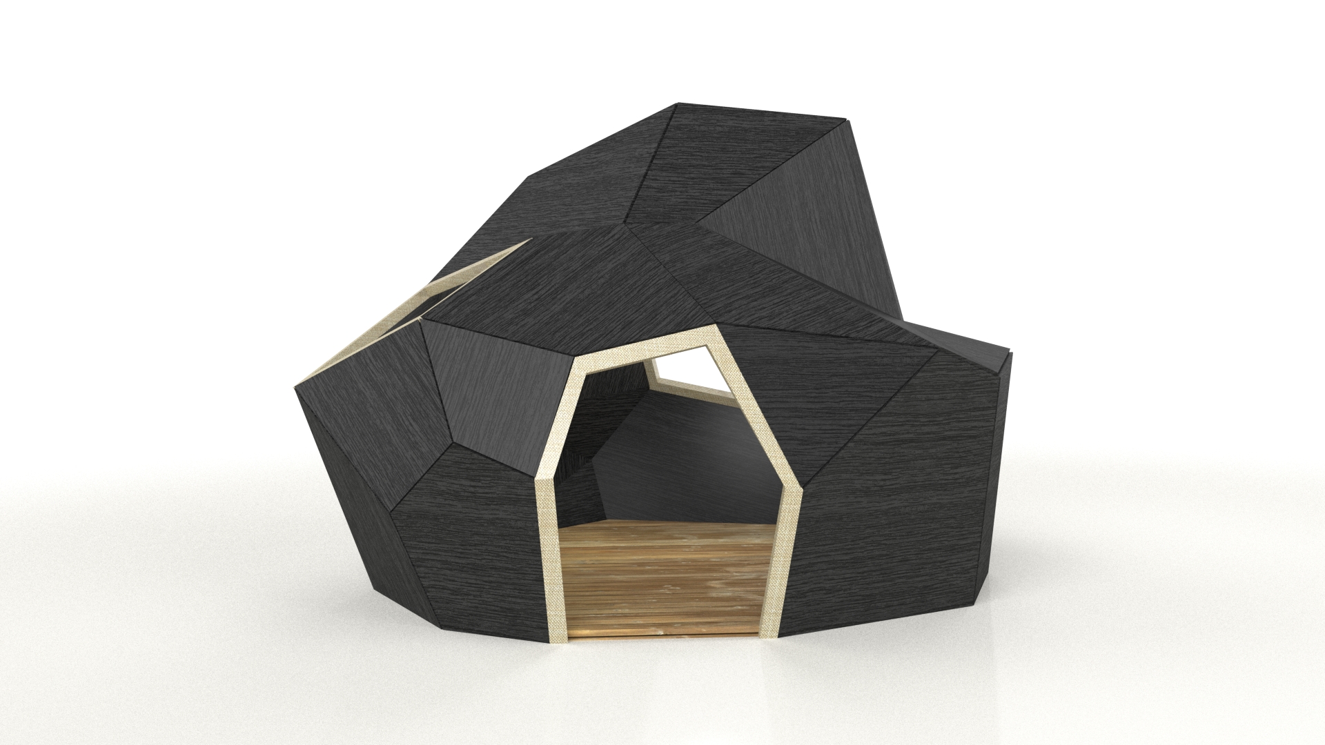 Modélisation 3D d'un module en bois et en toile de jute du projet de l'Esperance Café "Pointe Noire", réalisée par l'agence de graphisme Studio Katra.