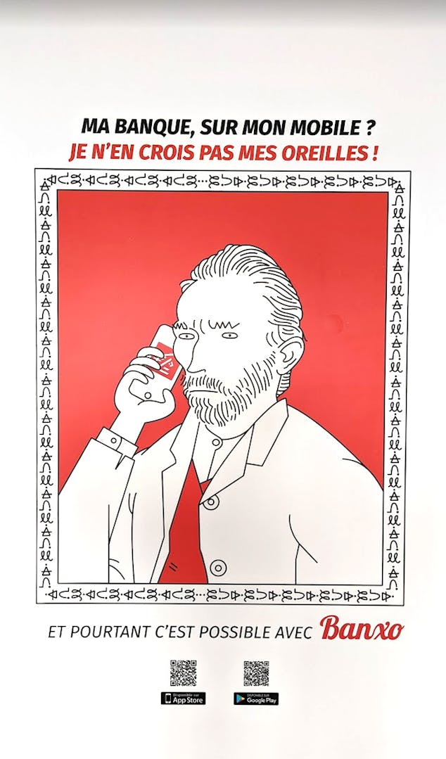 Réinterprétation du portrait de Van Gogh selon l'identité visuelle de la Caisse d'Épargne, tenant un téléphone contre son oreille.
