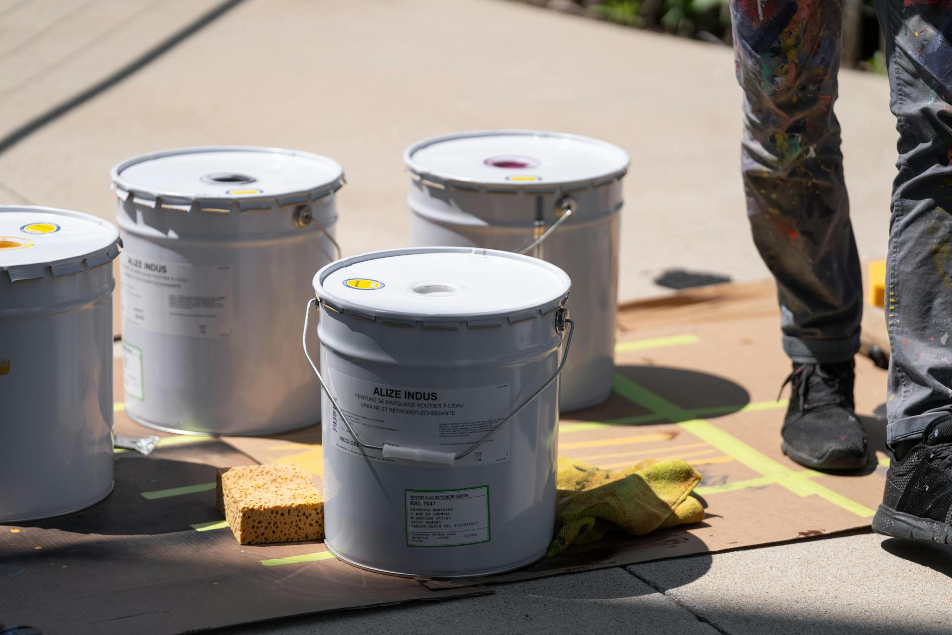 Des pots de peinture utilisés par le Studio Katra et la Joliverie lors d'un projet collaboratif pour le parcours inter-école du Voyage à Nantes.