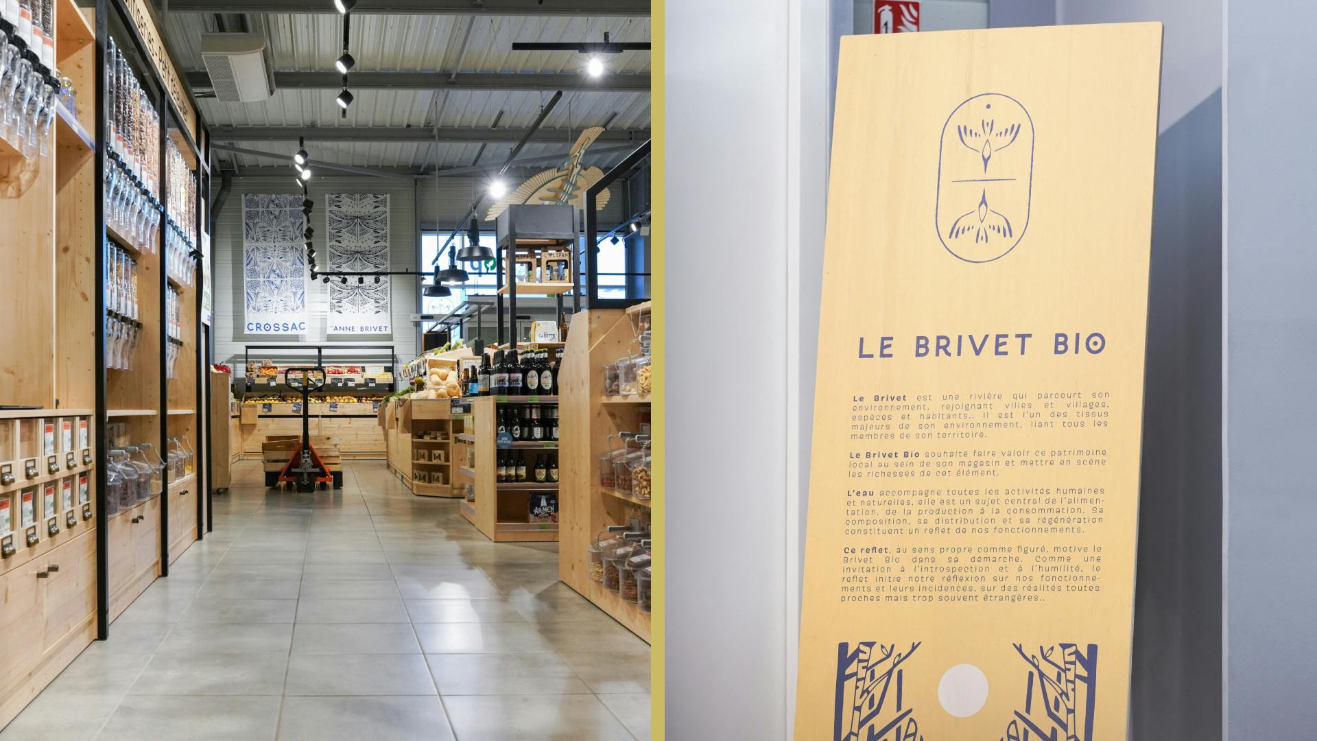 Cartel d'informations et kakemonos sérigraphiés par l'agence de design Studio Katra pour la Biocoop Le Brivet Bio.