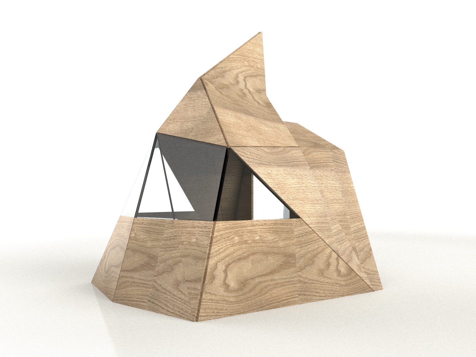 Une modélisation sur un logiciel 3D d'un module en bois pour le projet "Pointe Noire".  L'installation comporte une large fenêtre en verre sur une grande partie du module, invitant la lumière en son intérieur.