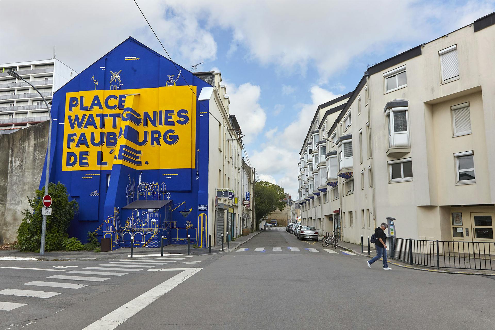 Fresque murale place Wattignies de l'Île de Nantes, réalisée par le Studio Katra à travers la nouvelle identité de la rue Biesse - © Soem