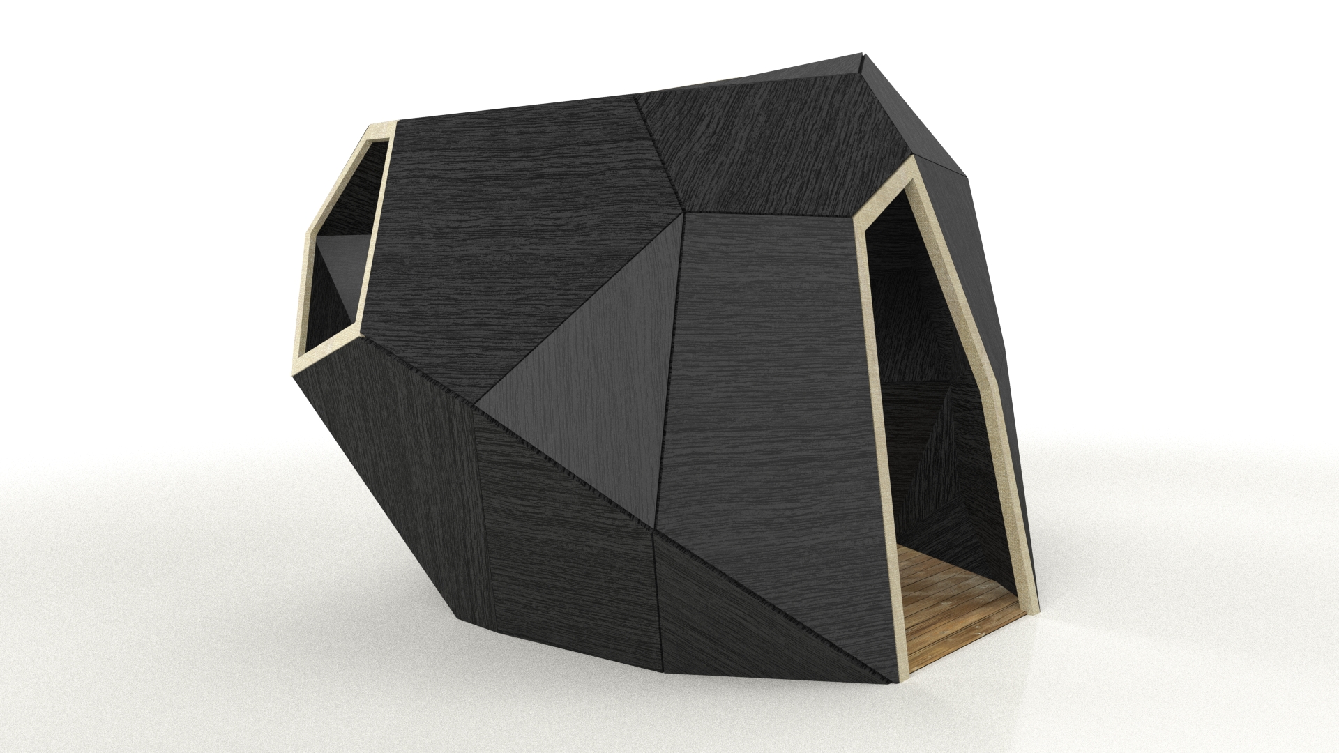 Un module en toile de jute du projet "Pointe Noire" dont les façades ont été brûlées au chalumeau.