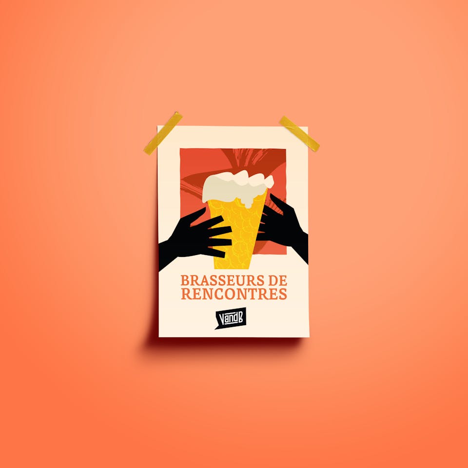 Mockup d'une affiche basée sur la nouvelle identité visuelle du groupe V and B. On y voit deux mains tenant une bière, ainsi que l'inscription "brasseurs de rencontres".