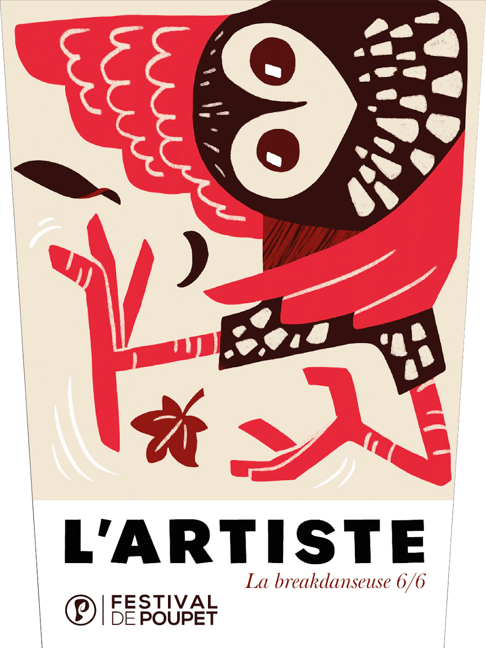 Illustration d'une chouette effraie faisant du breakdance, réalisée pour la nouvelle cuvée du Festival de Poupet par l'agence de design de marque Studio Katra.