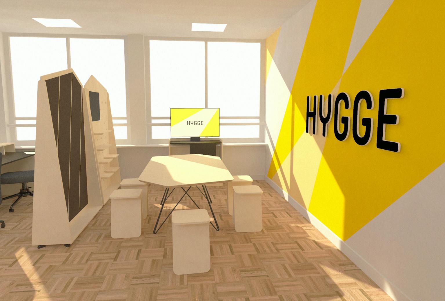 Simulation en 3D de la future salle à manger de l'espace HYGGE.