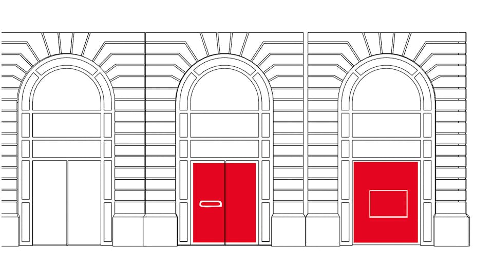 Plan d'architecture de la façade externe du nouvel espace de libre-service bancaire de la Caisse d'Épargne de l'agence Graslin.