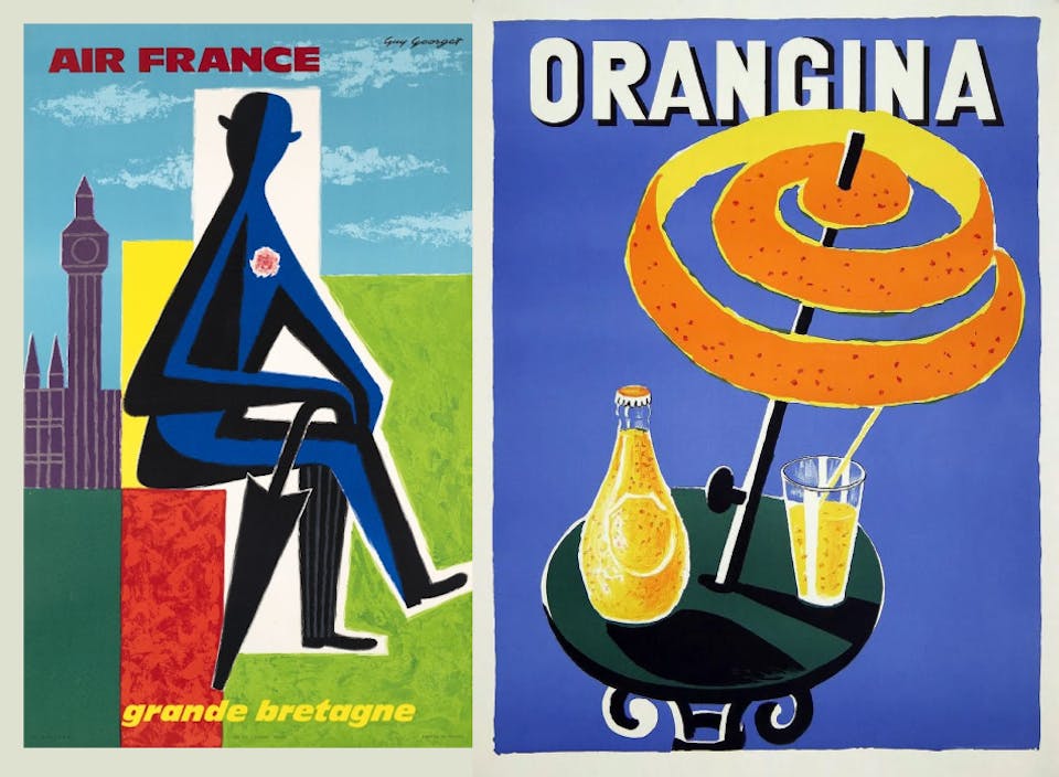 Des affiches des entreprises "Air France" et Orangina mettant en valeur leurs produits ou services.