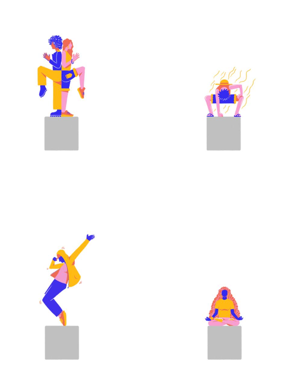Des illustrations de personnages montrant comment utiliser les blocs bétons de l'espace Alice Milliat en prenant des poses originales.