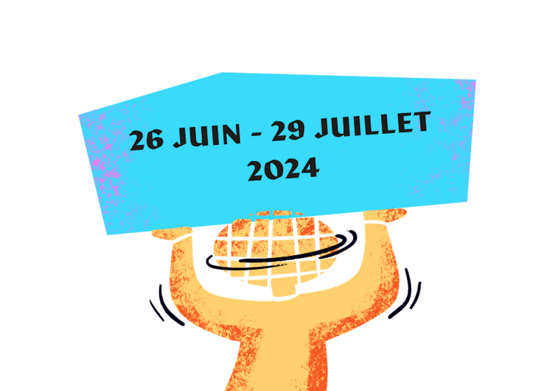 Un personnage avec une tête en forme de boule à facettes soulevant les dates du festival de Poupet, ayant lieu du 26 juin au 29 juillet 2024.
