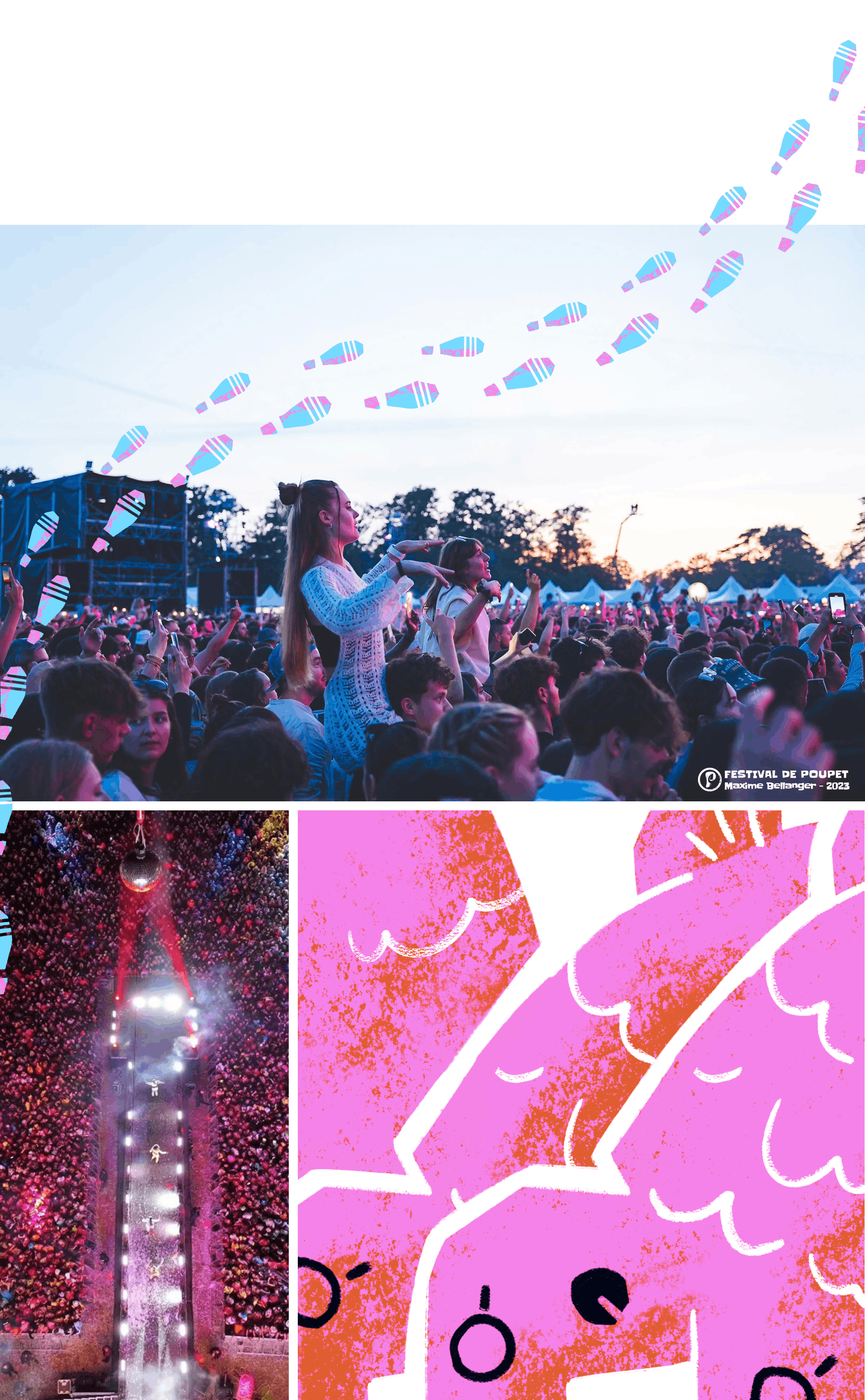 Des photographies du festival de Poupet, montrant les spectateurs, ainsi que la scène, lors d'un concert.