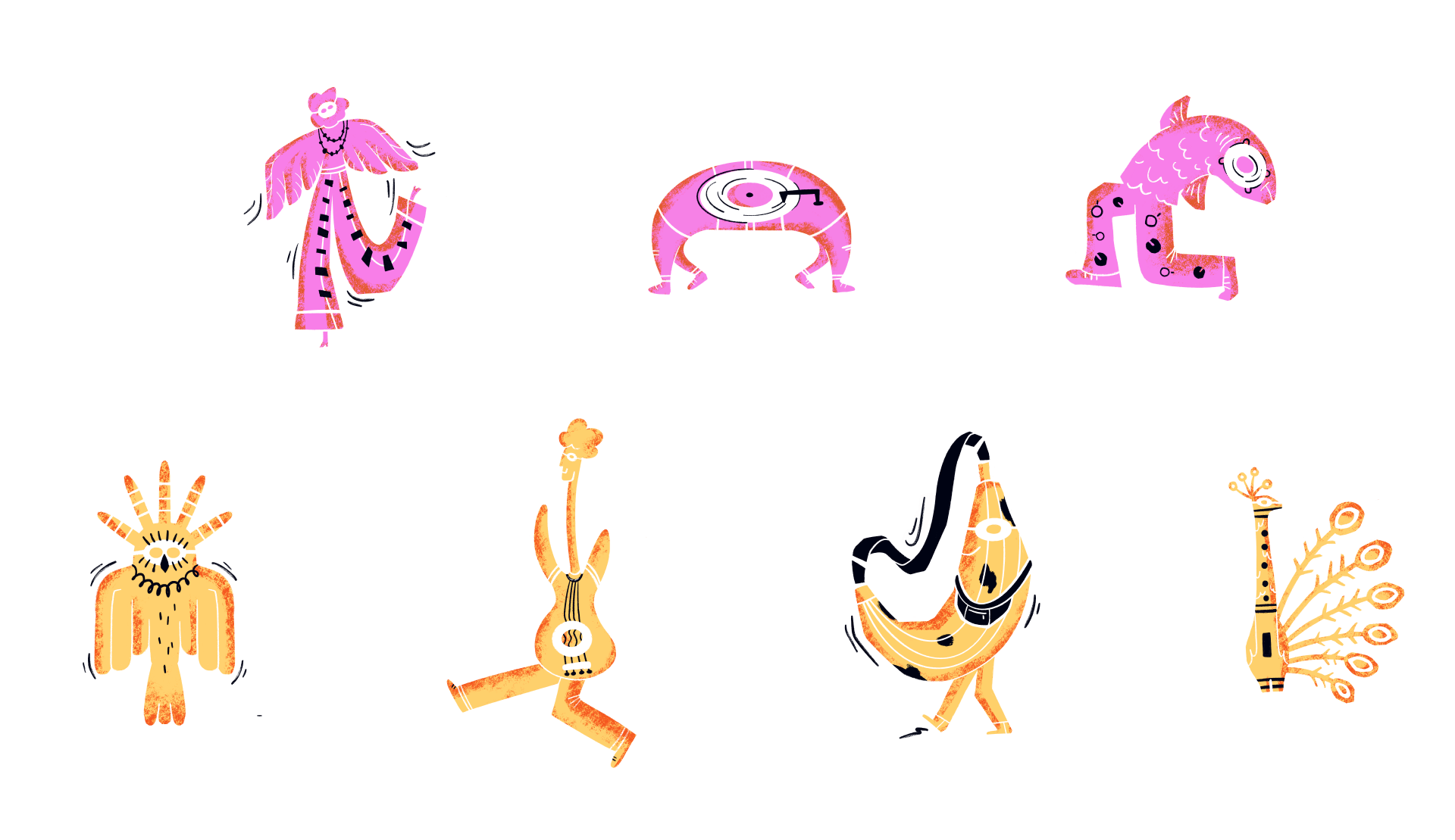Des illustrations provenant de la nouvelle affiche du festival de Poupet 2024, pensée par l'agence de design graphique Studio Katra, montrant tous types de personnages dansants.