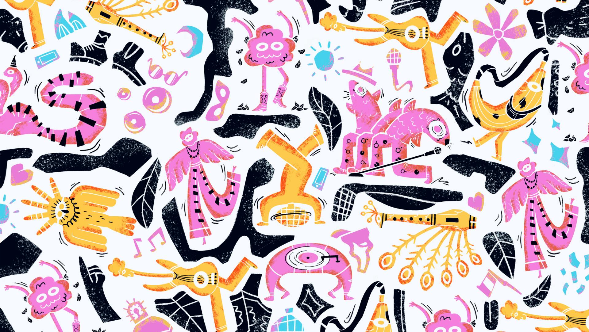 La composition graphique principale de l'affiche du festival de Poupet 2024, mêlant une multitude de personnages colorés en train de danser.