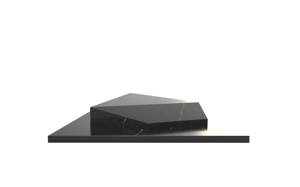 Modélisation 3D d'un monument funéraire nommé "prisme", réalisé par l'agence de design produit Studio Katra. Le monument possède une forme en relief géométrique et couleur marbre noire.