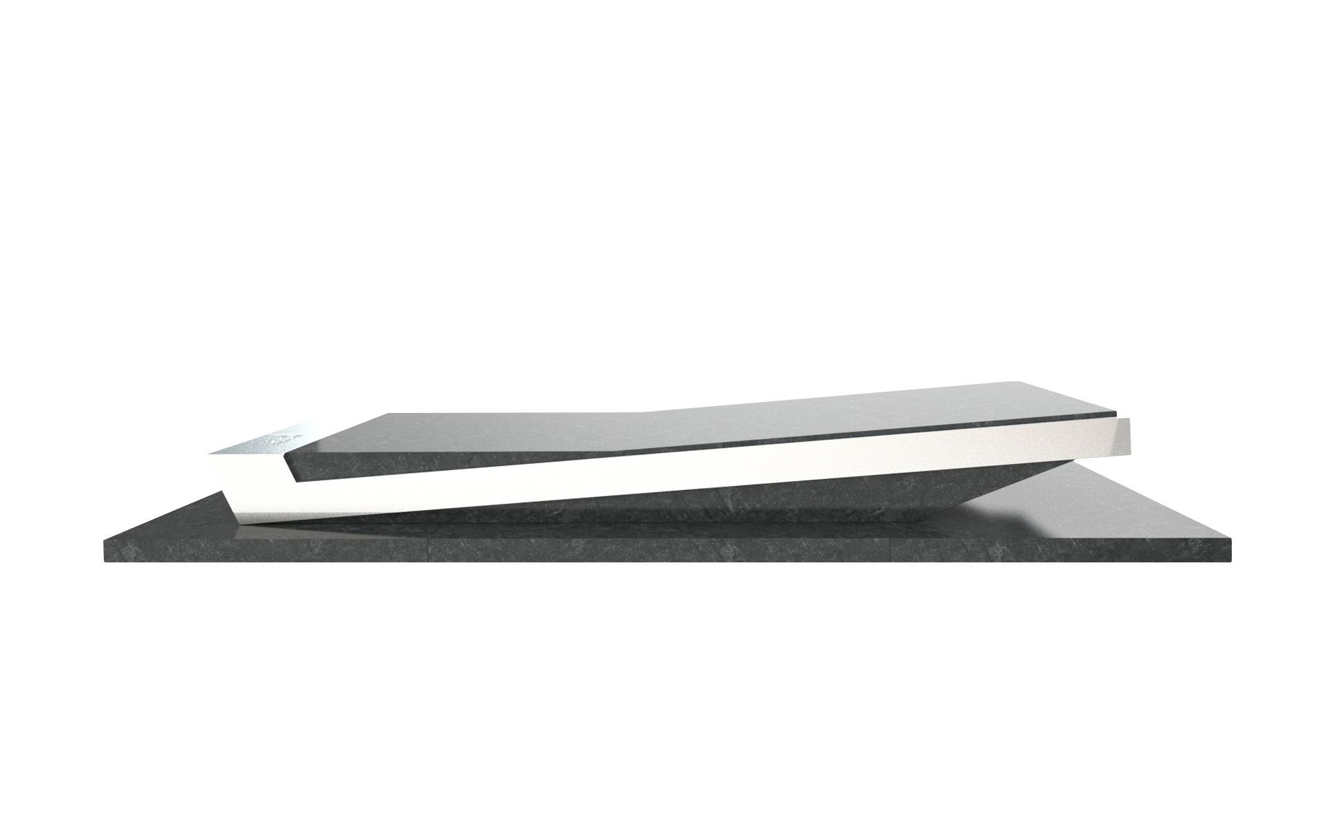 Modélisation 3D d'un monument funéraire nommé "Evo", réalisé par l'agence de design produit Studio Katra. Le monument possède une forme en aplatie en relief, s'élevant vers le haut, ainsi qu'un cerclage en métal.