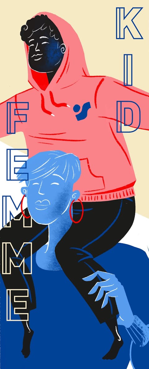 Fresque de l'agence de Design Graphique Studio Katra pour Intersport. On y voit une femme portant son enfant sur ses épaules.