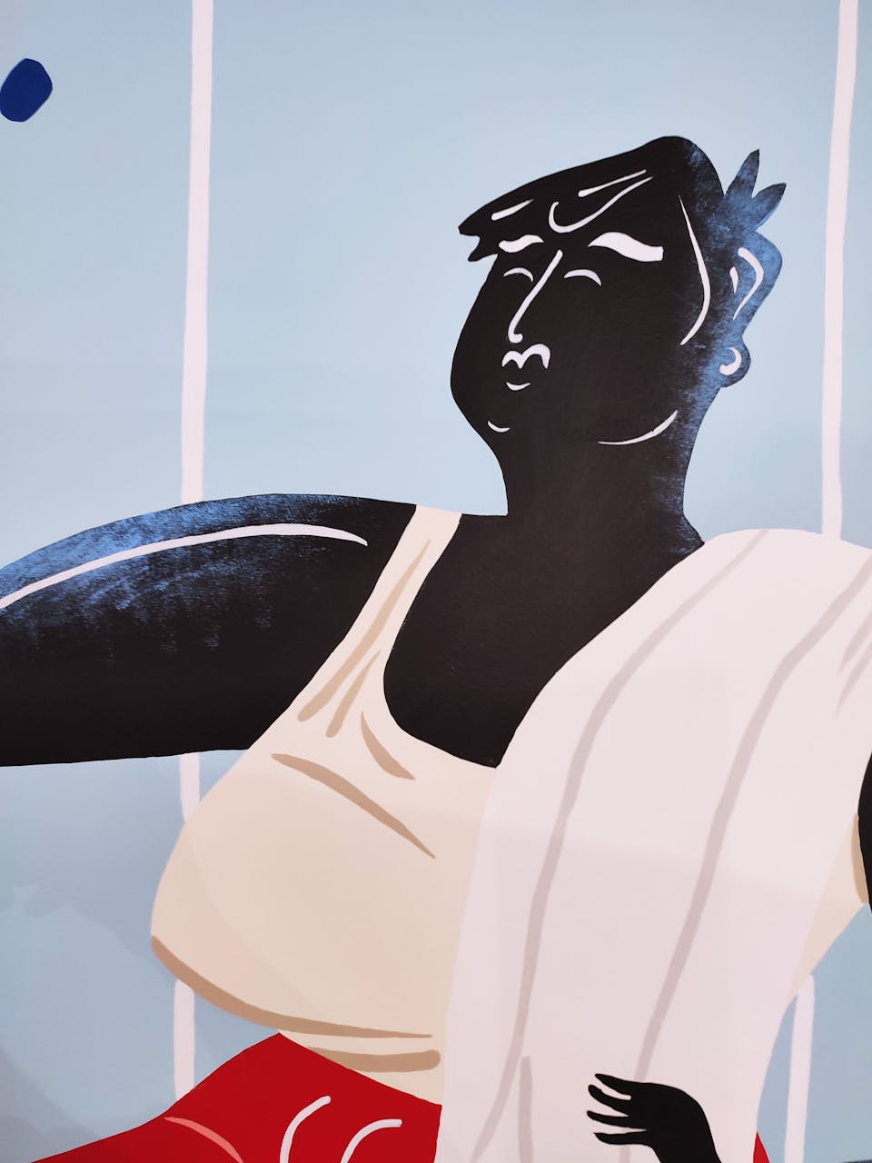 Fresque de l'agence de Design Graphique Studio Katra pour Intersport. On y voit une femme portant une serviette de sport sur l'épaule, adossée à des casiers de vestiaires.
