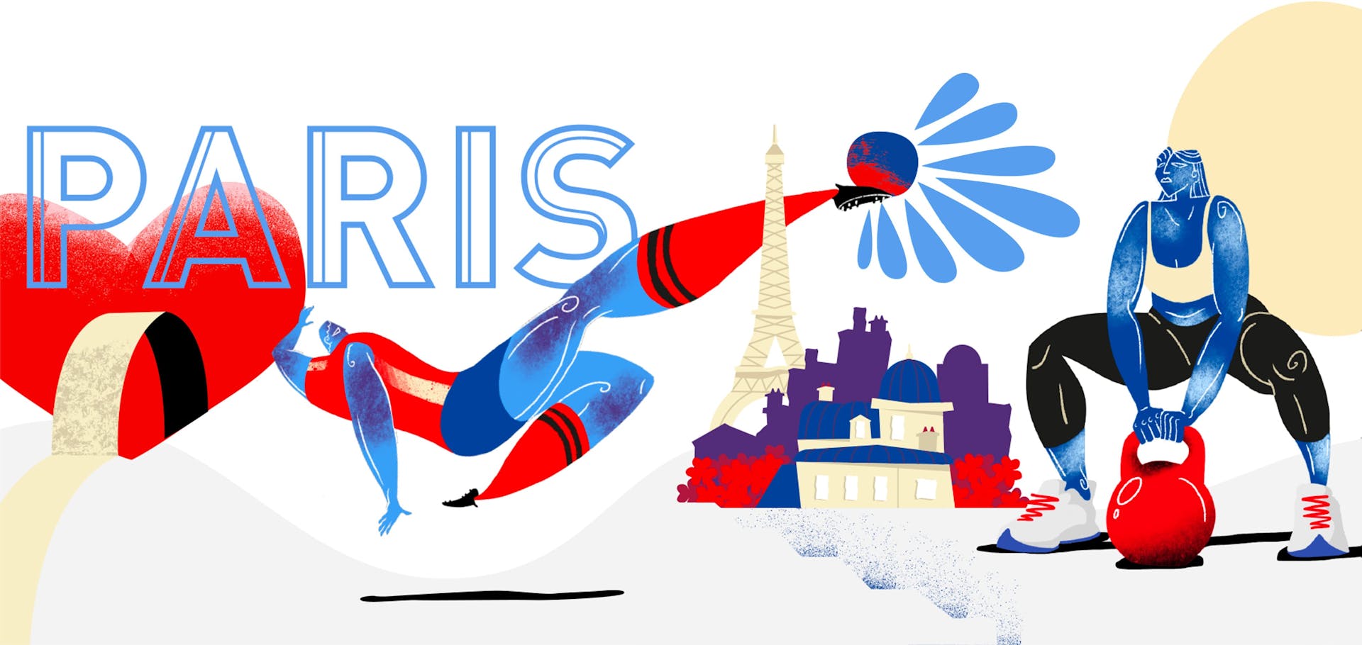 Fresque de l'agence de Design Graphique Studio Katra pour Intersport. On y voit l'inscription "Paris", une Tour Eiffel, un joueur de foot effectuant une reprise de volley ainsi qu'une femme soulevant un énorme poids depuis le sol.