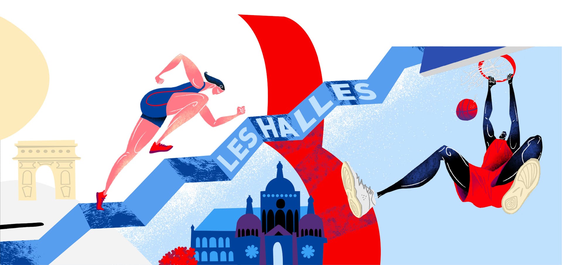 Fresque de l'agence de Design Graphique Studio Katra pour Intersport. On y voit un joueur de basket accroché à un panier, une coureuse montant des marches, ainsi que des représentations architecturales telles que l'Arc de Triomphe.