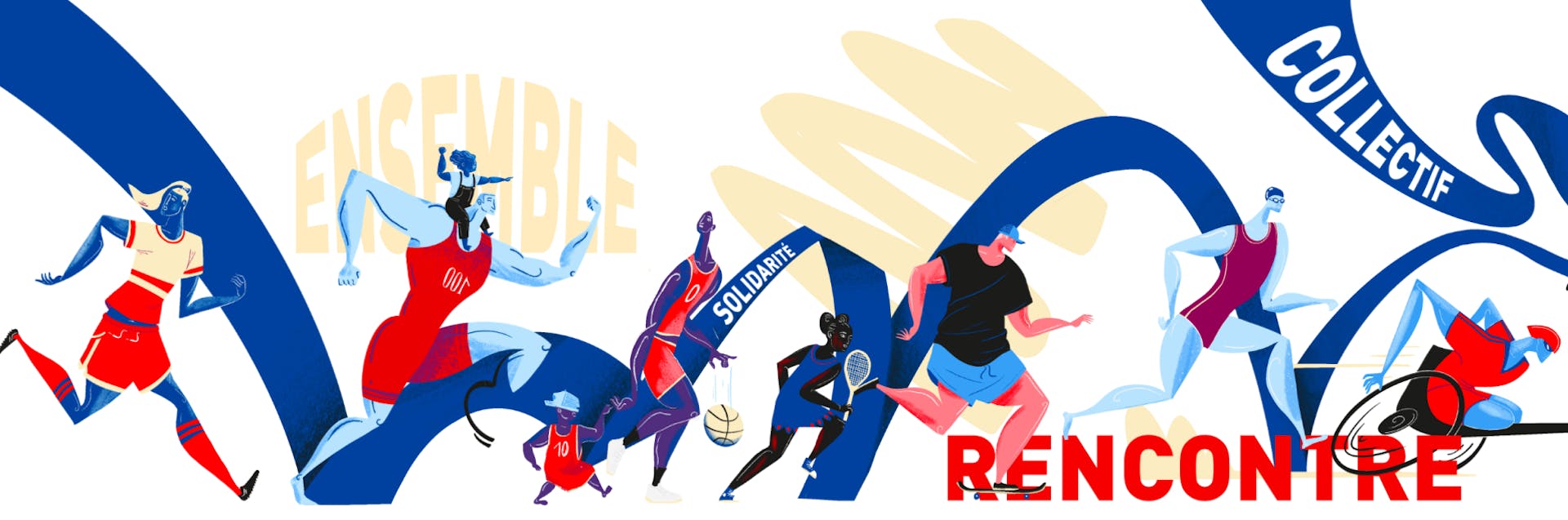 Fresque de l'agence de Design Graphique Studio Katra pour Intersport. On y voit de multiples personnages courant les uns à côté des autres.