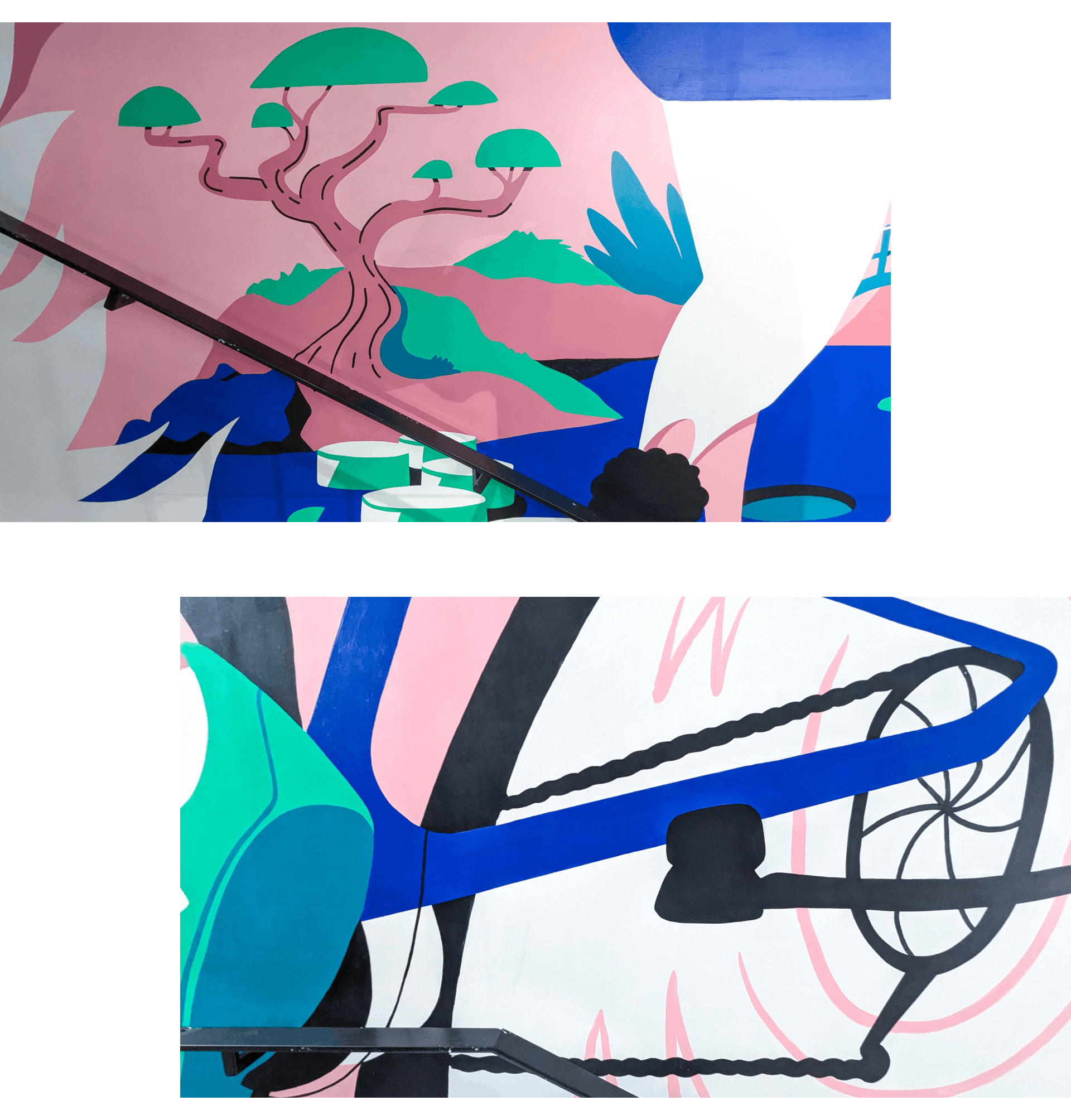 Zoom sur une partie de la fresque de l'agence de design graphique Studio Katra au sein du Décathlon City de Nantes, représentant un grand arbre, ainsi qu'une roue de vélo en mouvement.