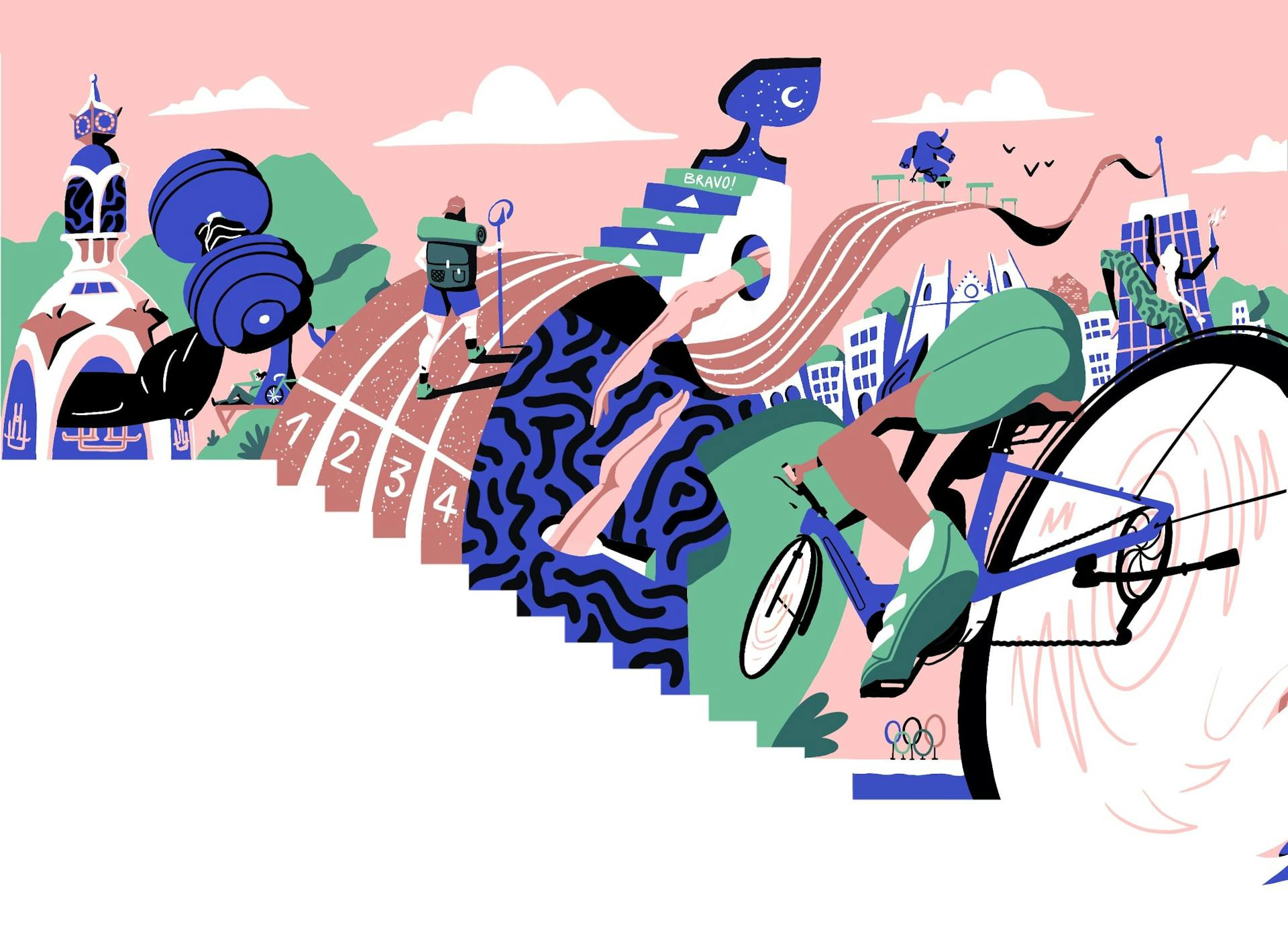 Une partie de l'illustration principale réalisée par l'agence de Design Graphique Studio Katra, peinte dans les locaux du nouveau Décathlon City de Nantes. On y voit un bras soulevant un haltère, un voyageur marchant sur une piste d'athlétisme, des nageurs plongeant dans l'eau ainsi qu'un vélo roulant à vive allure dans les rues de Nantes.