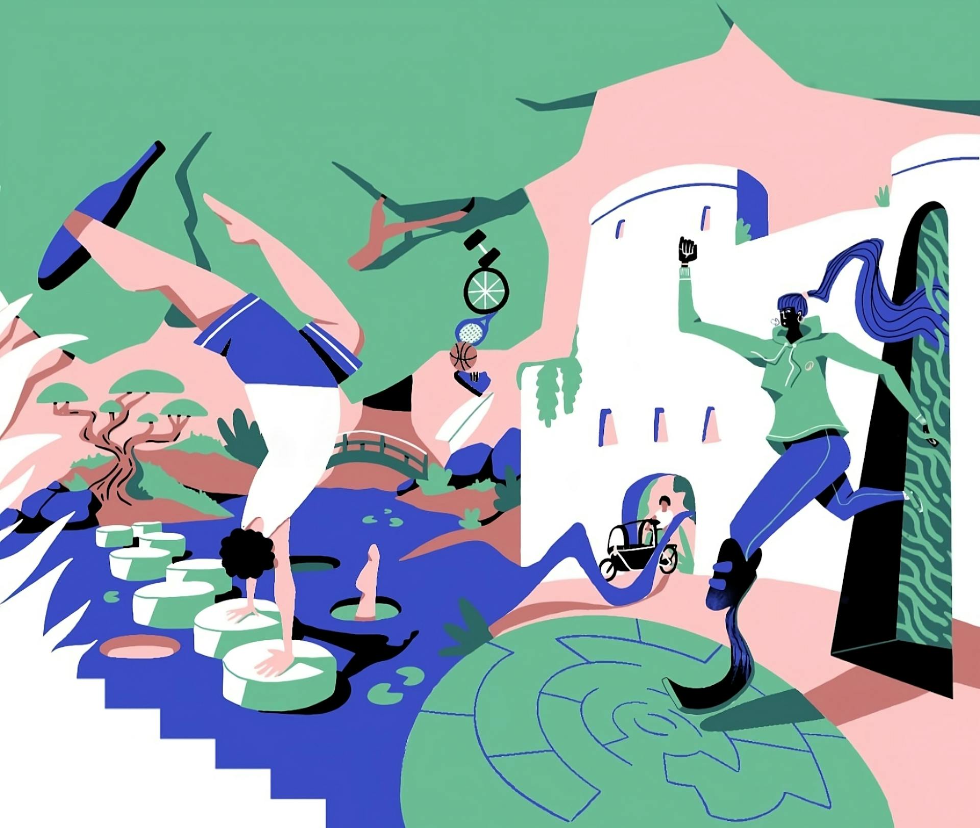 Une partie de l'illustration principale réalisée par l'agence de Design Graphique Studio Katra, peinte dans les locaux du nouveau Décathlon City de Nantes. On y voit une coureuse traversant un portail, ainsi qu'un gymnaste.