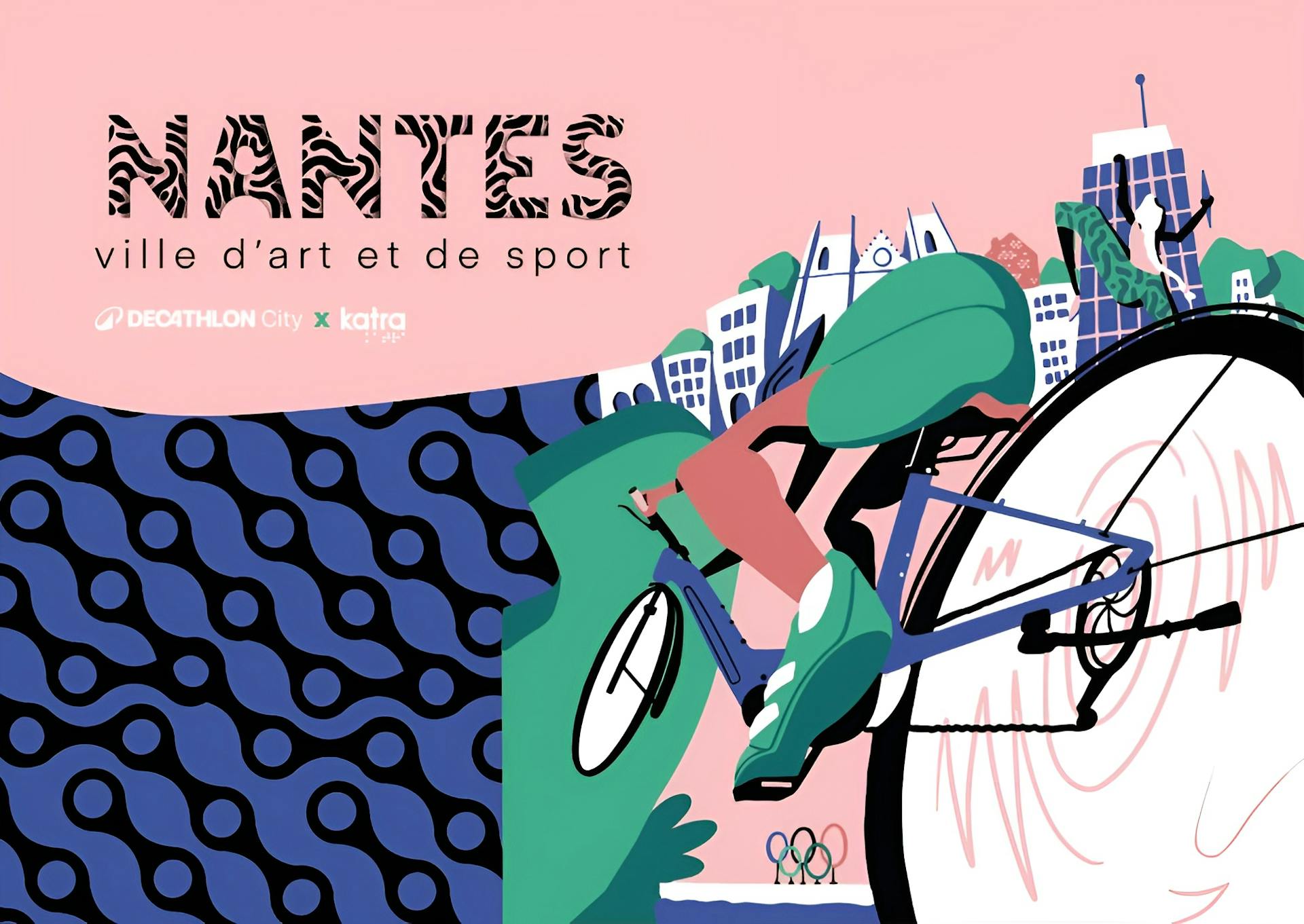 Illustration d'une fresque réalisée par l'agence de Design Graphique Studio Katra pour le nouveau Décathlon Coty de Nantes. On y voit un cycliste roulant à pleine allure dans les rues de la ville.