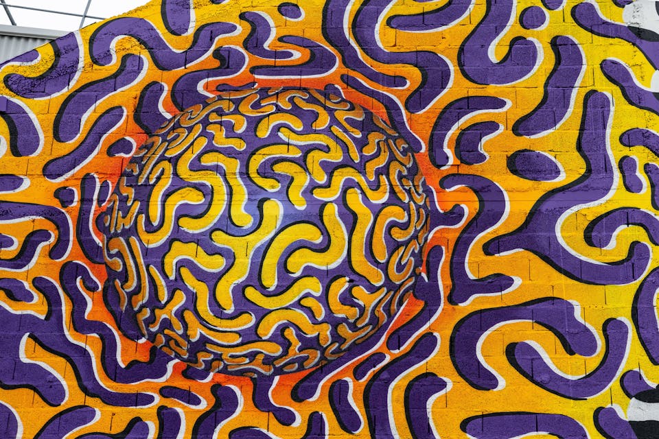 Zoom sur une fresque street art de l'artiste Ocü et de l'agence de design Studio Katra. On y voit de nombreux motifs psychédéliques aux couleurs vives créant une illusion d'optique.