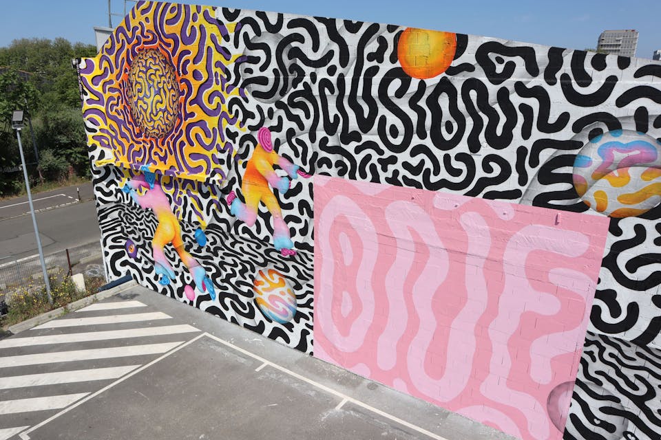 Un espace industriel transformé par une fresque street art de l'artiste Ocü et de l'agence de design Studio Katra, formant un terrain de design actif destiné à la pratique du handball gaélique. On y voit de nombreux motifs psychédéliques aux couleurs vives, des personnages pratiquant la discipline ainsi que l'inscription "One Wall".