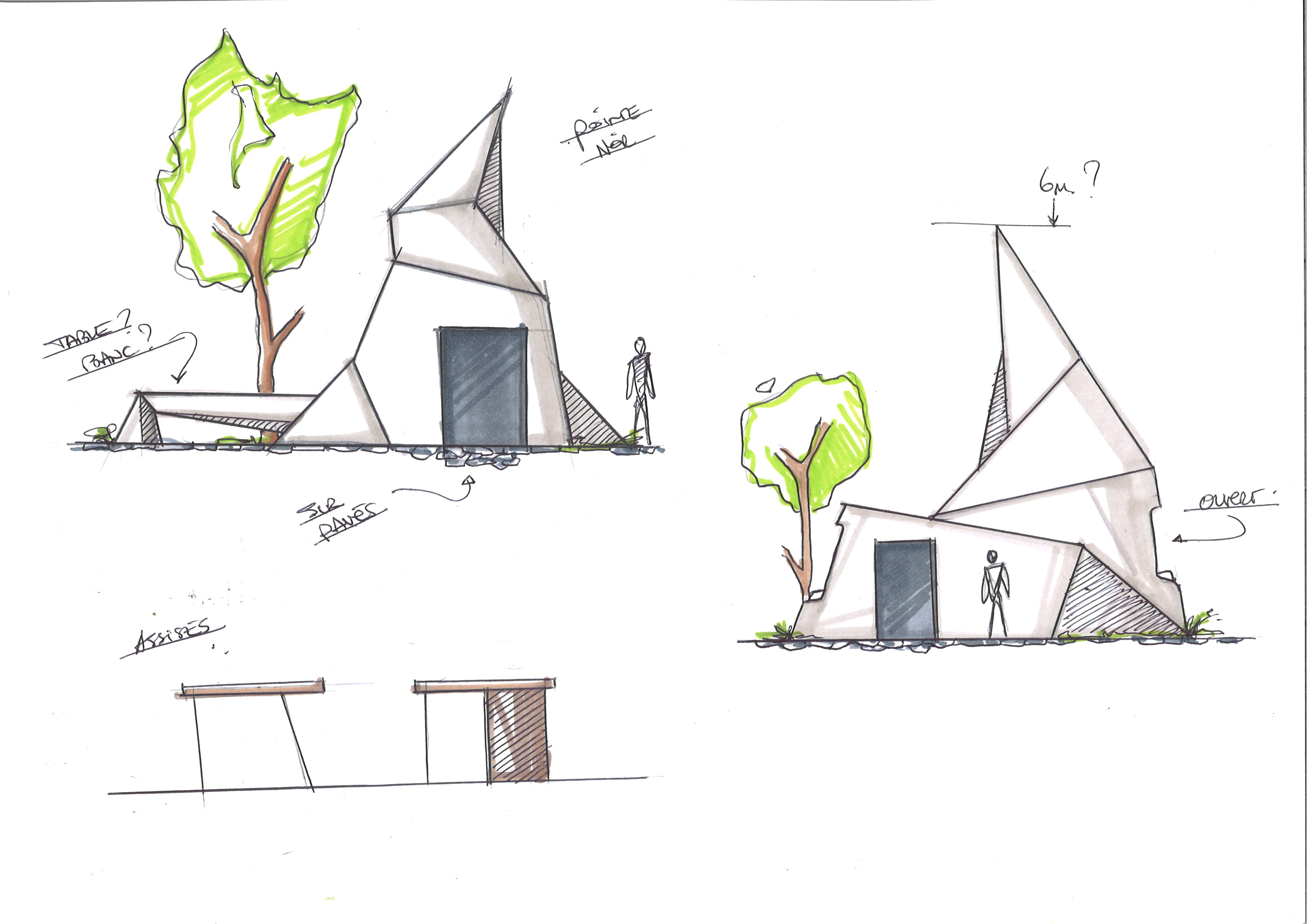 Croquis de représentation d'un concept de module en bois.