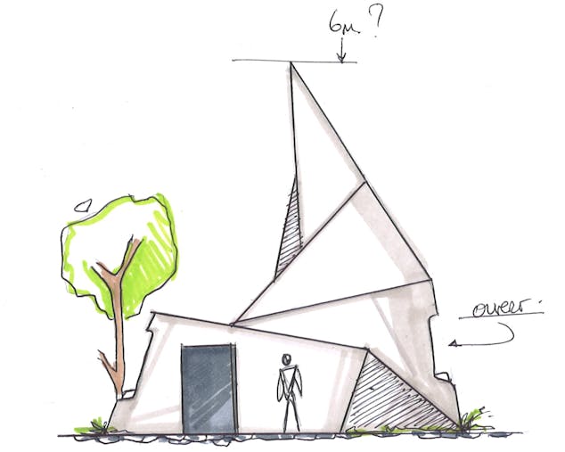 Croquis de représentation d'un concept de module en bois.