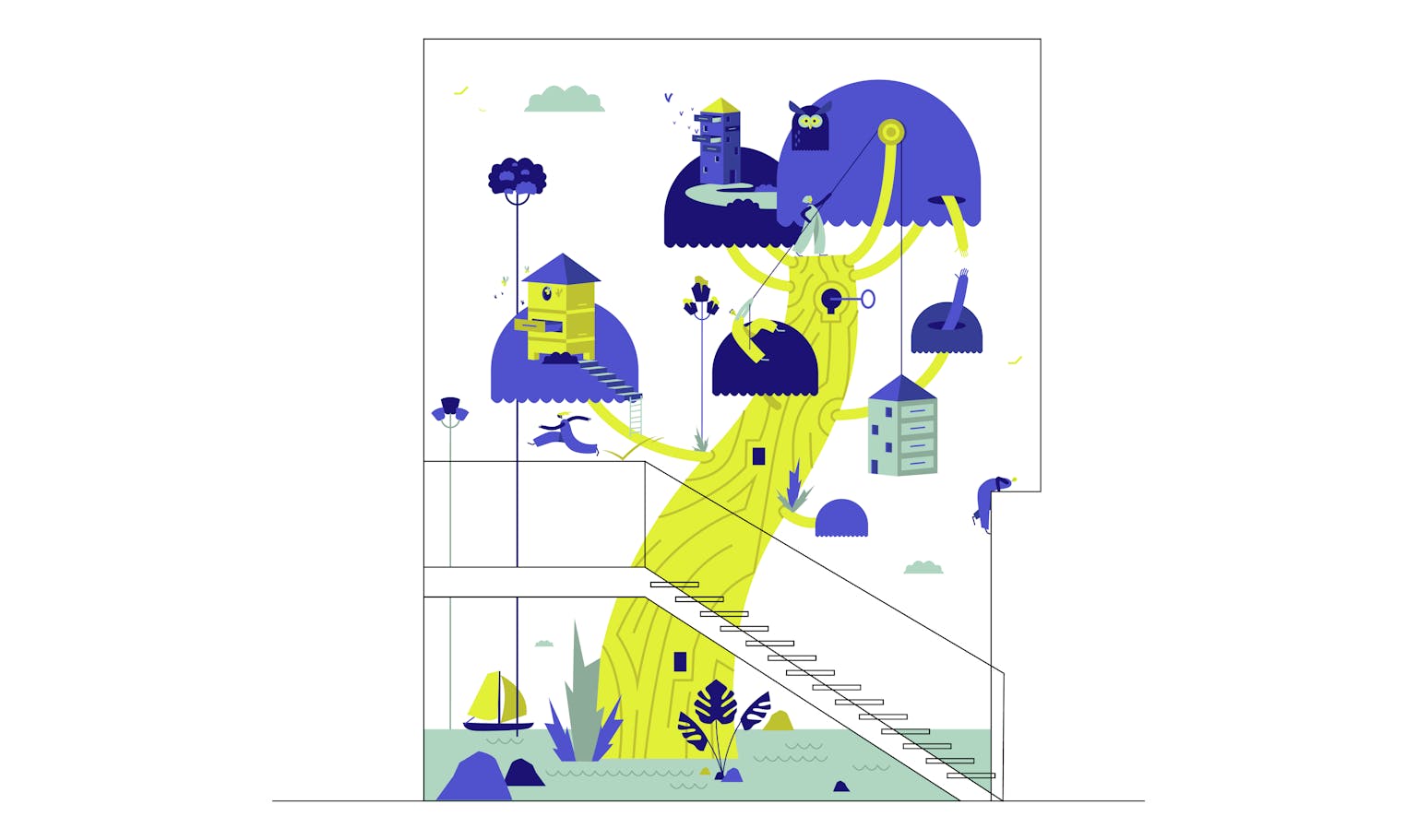 Illustration d'un village dans les arbres aux codes de la nouvelle identité graphique de l'accélérateur de l'innovation professionnelle.